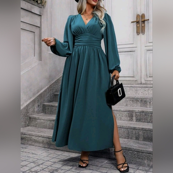 NEW Chic Ruched Waist Lantern Sleeve Maxi Dress PLUS Dusty Teal Blue Green - Picture 2 of 9
